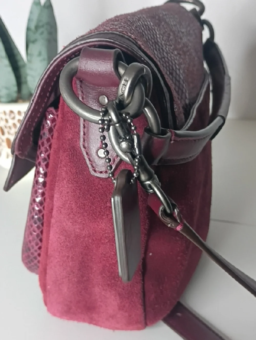 Coach Taylor Burgundy Suede & Exotic Python Flap Crossbody Bag Purse - Picture 5 of 13